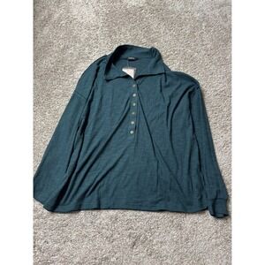 Fashion Women Green Ribbed Knit Long Sleeve Button Up Collar Top XL NWT